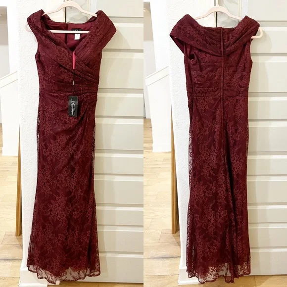 NWT La Femme Portrait Neck Lace Gown Burgundy Lace - Picture 2 of 4
